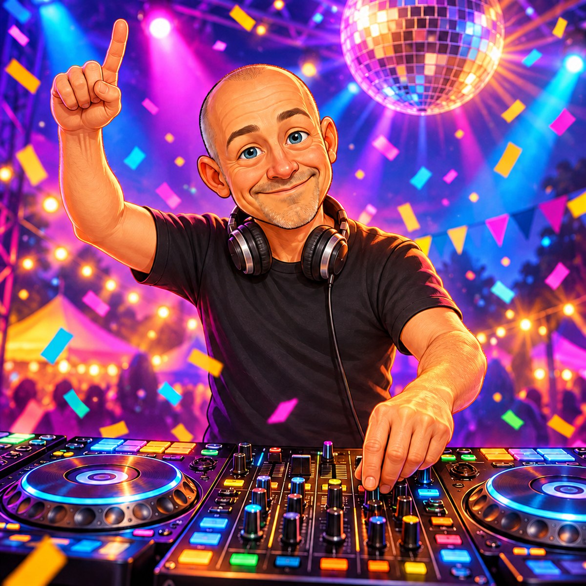 Farverig illustration fra Ti9tus.dk med DJ Ti9tus bag DJ-pulten